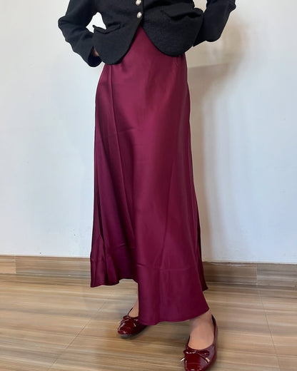 BURGENDY RED| SATIN MIDI SKIRT